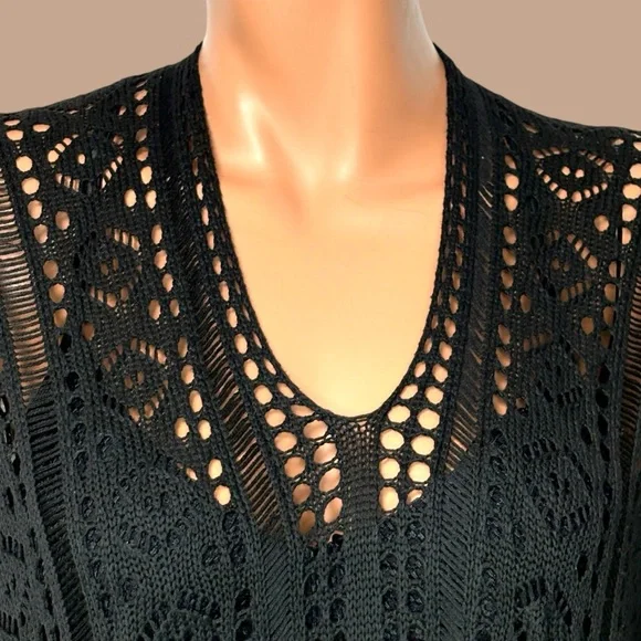 90s Black Open Knit Lace Crochet Tunic M/ L Side Cinch Y2K Dark Fairy WimsiGoth - Picture 7 of 11